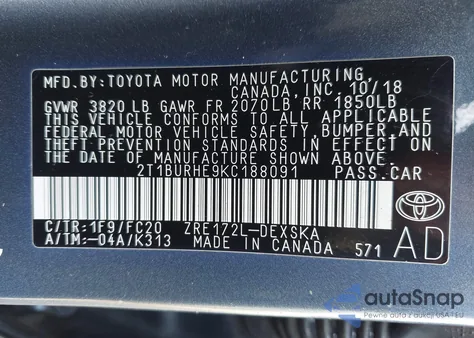 2019 Toyota Corolla Se from USA, damaged, VIN 2T1BURHE9KC188091